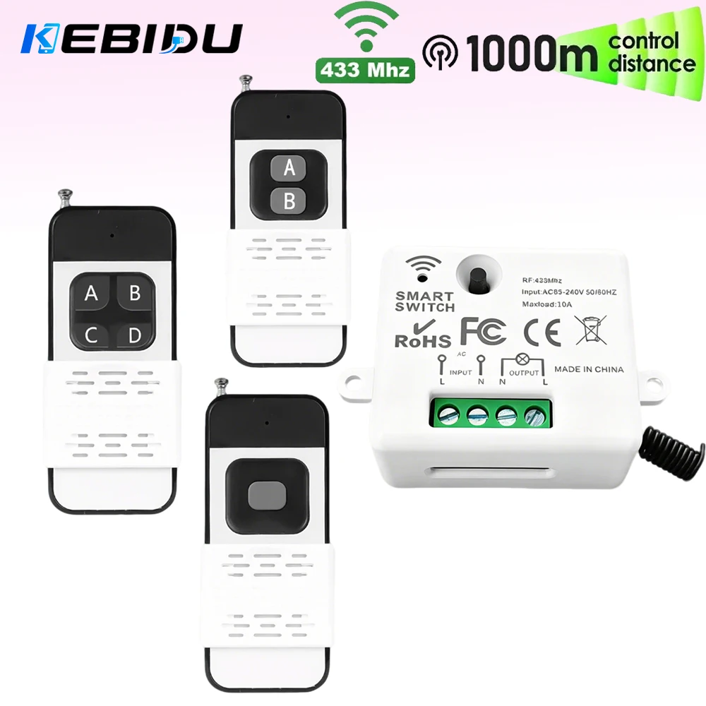 KEBIDU 433Mhz Wireless Remote Control Switch AC110V 220V 230V 10A Relay Receiver 1000M for LED Ceiling Lamp Fan Pump