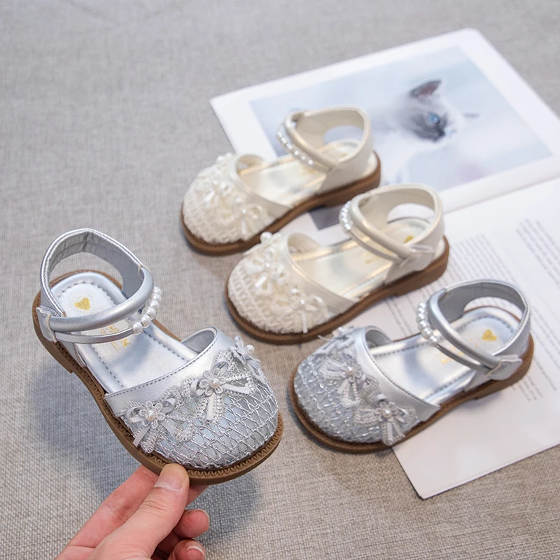 Girls Half Sandals with Lace Bow Children Toes Capped Pearls Princess Sandals Soft Sole Non Slip Kids Summer Beach Shoes