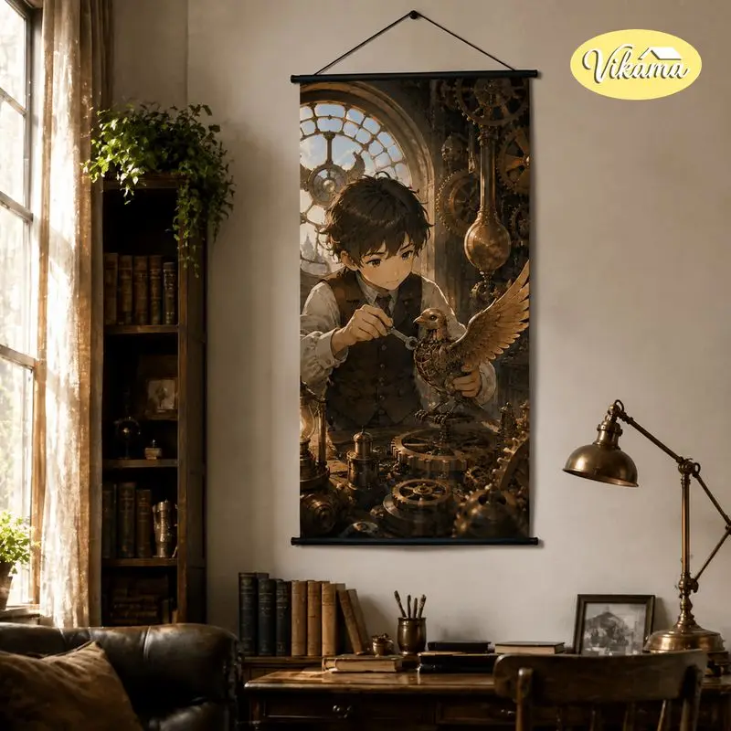 VIKAMA Steampunk Anime Boy Tapestry Mechanical Bird Clockwork Gear Workshop Art Wall Hanging Bedroom Aesthetic Home Decor