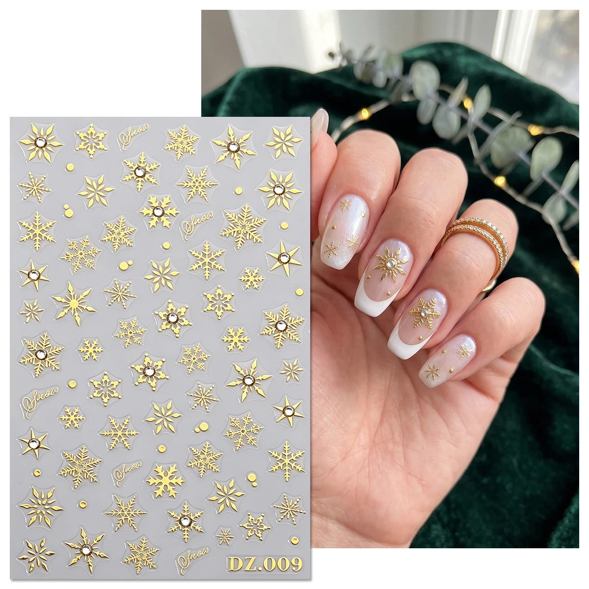 2PCS Gold Christmas Nail Stickers, Snowflake Reindeer Decals, 3D Winter Nail Artist Supplies for New Year Holiday Party