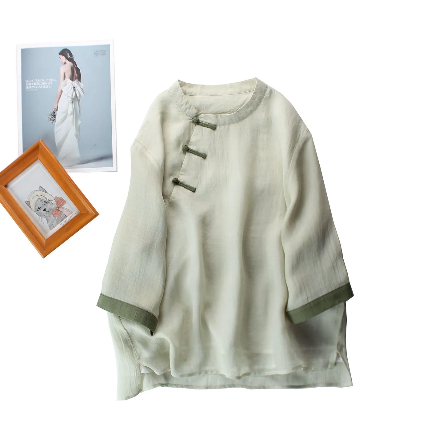 

Loose Fit Chinese Style Women's Shirt Cotton Linen Blend Cool Sensation Half Sleeve Overhead Top Pure Color Spring Summer