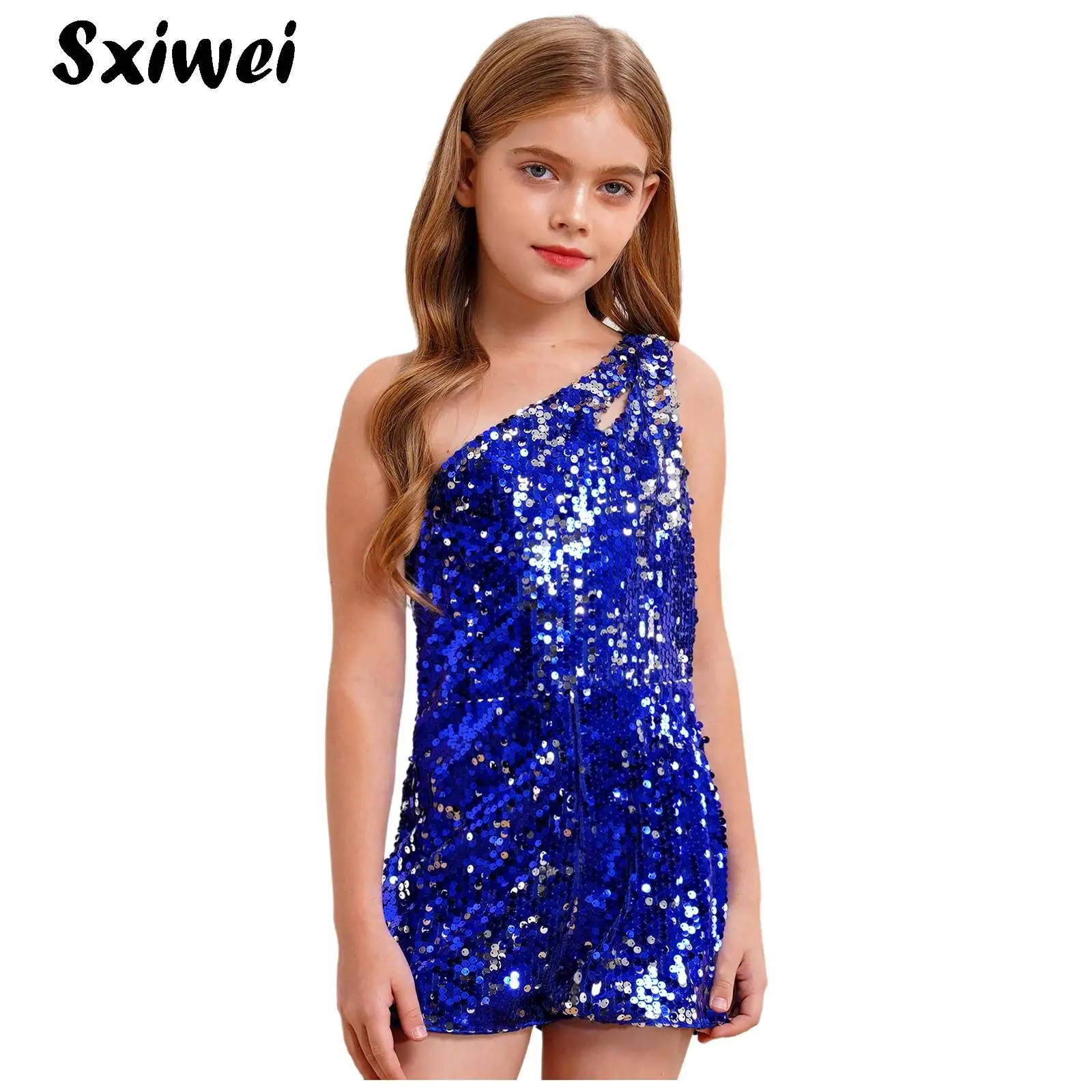 Kids Girls Shiny Sequins Bodysuit Pageant Rompers One Shoulders Sleeve Short Unitard Short Jumpsuit for Wedding Cocktail Party