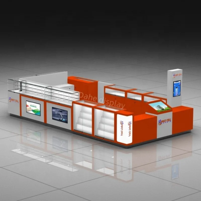 

custom.Shopping Mall Phone Repair Kiosk Design Wood Cabinet New Phone Accessories Display Kiosk Booth with Logo