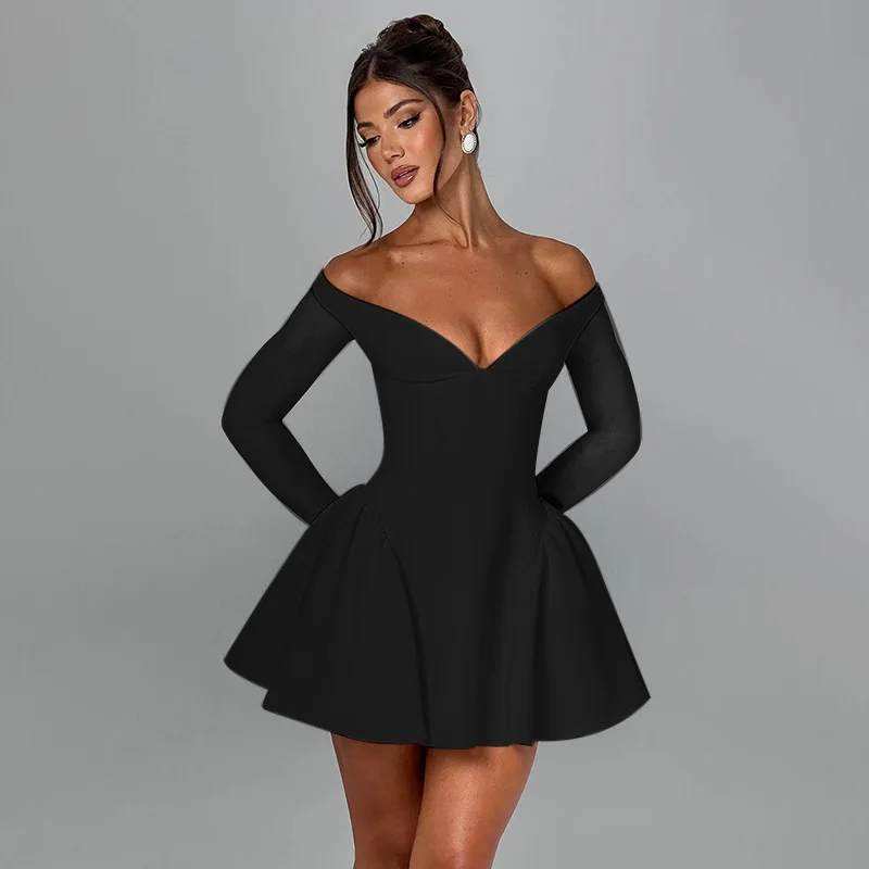 Sexy schulterfreies kurzes rotes Kleid für Damen, schlank, rückenfrei, elegant, langärmelig, kurvige A-Linie, schwarze Mini-Kleider, Geburtstag, Abendparty