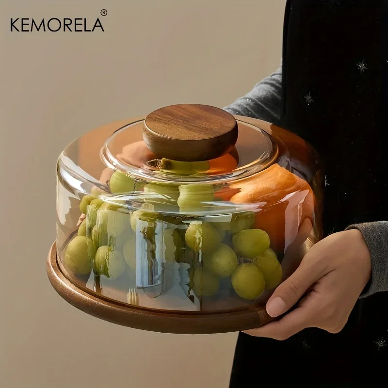 Suporte redondo de madeira para bolo, com tampa de cúpula de vidro, bandeja de servir de madeira para doces dim sum, sobremesas, bandeja de bolo para sala de jantar, 1 peça