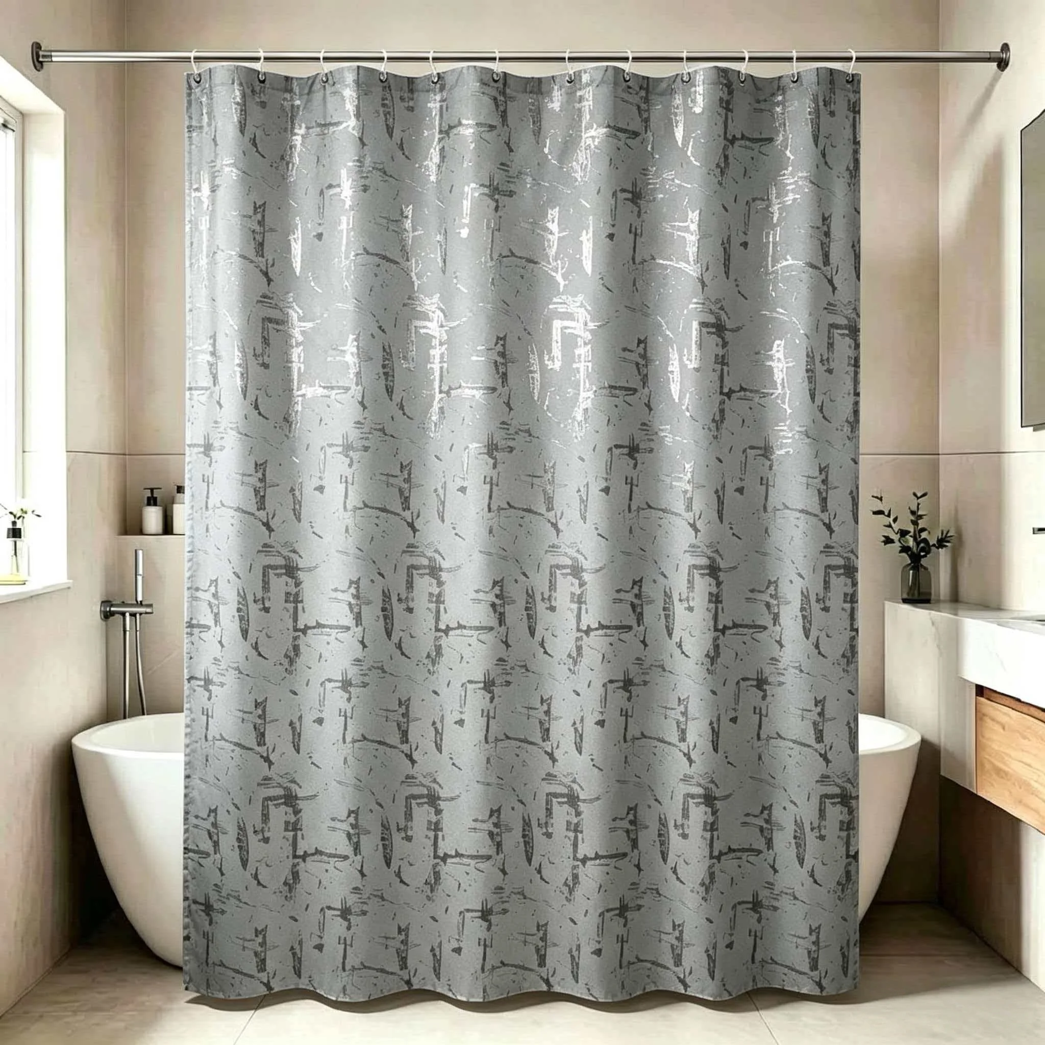 1PC Silver Foil Graffiti Shower Curtain, Decorative Bathroom Curtain with Free Matching Hooks for Home Bathroom Decor