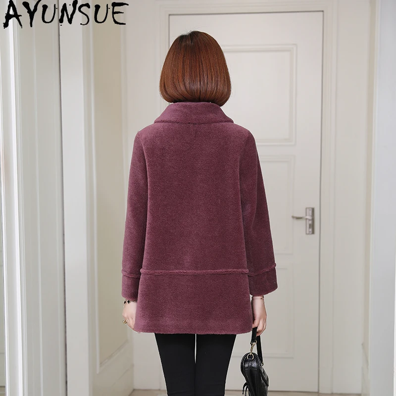 เสื้อโค้ทขนสัตว์แท้ 100% ยี่ห้อ AYUNSUE สำหรับผู้หญิง แจ็คเก็ตขนแกะแท้ เสื้อผ้าฤดูใบไม้ร่วงและฤดูหนาว เสื้อคลุมขนสัตว์ผสมสำหรับผู้หญิง เสื้อคลุมด้านนอก