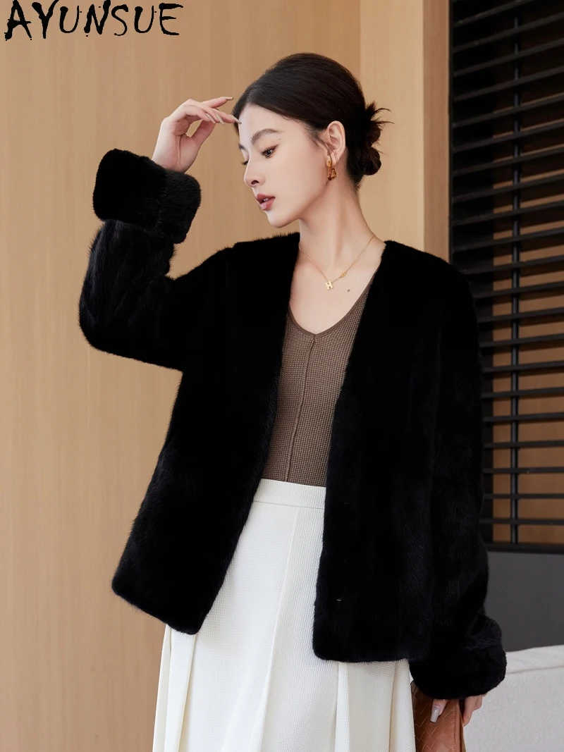 AYUNSUE 天然ミンクの毛皮のジャケット女性 V ネック高級毛皮のジャケット女性の服高品質の新しいアウターウェア Кофта С Мехом