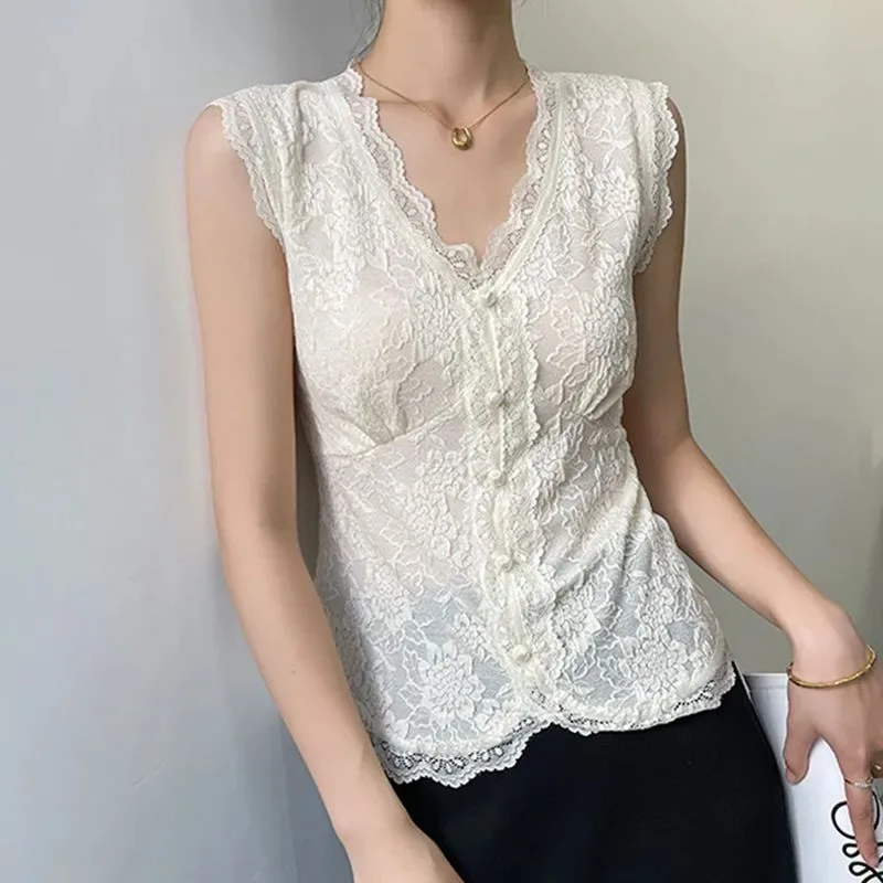 Women Summer V Neck Sleeveless Lace Vest Button Front Slim Elegant Inner Wear Camisole Top