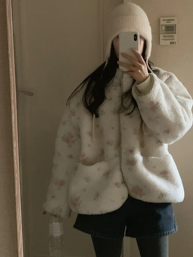 سترة قطنية كورية حلوة بنقشة زهور قابلة للارتداء على الوجهين للنساء، معطف قطني دافئ فضفاض بأسلوب كسول للخريف والشتاء