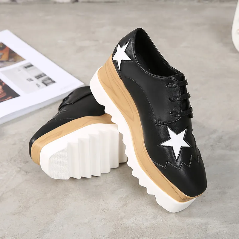 Chunky Sneakers Women Retro Running Stars Shoes Fashion Casual Pig Leather Square Toe Height Increased Platform Shoes