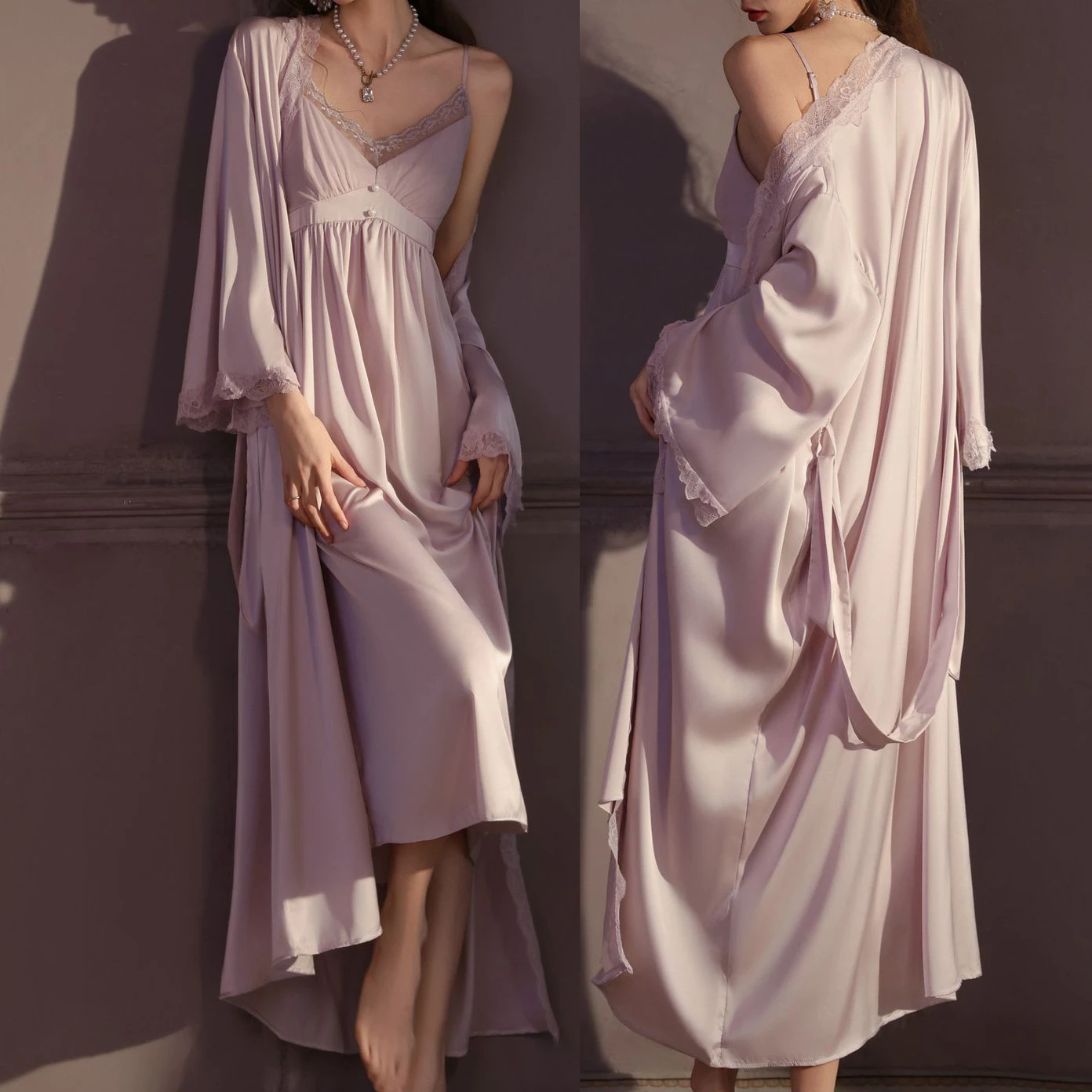 

Sexy Lace Women's Long Robe Set Nightgown Elegant Satin Sleepwear Bathrobe 2026 Spring New Pajama Female Homewear Loungewear