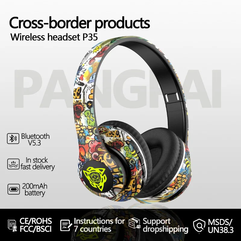 P35 True Wireless Overhead Bluetooth Earphones Graffiti Design Music Call Explosion Proof Computer Office Telephone Headsets