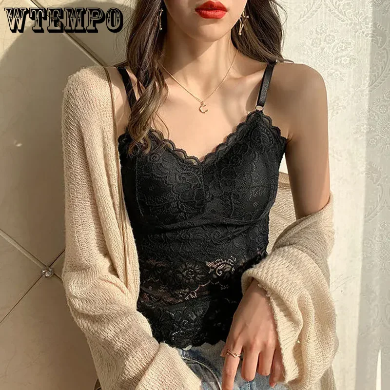 WTEMPO Adjustable Shoulder Strap Cropped Tops Bra with Breast Pad Four Season Camisole Vest Women Long Lace Sexy Base Underwear image 4