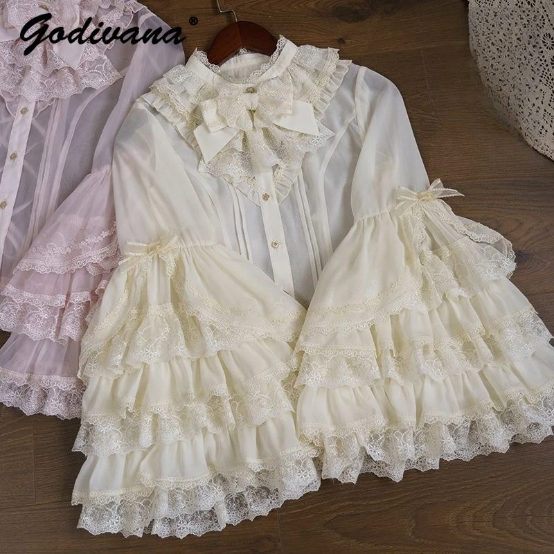 Sweet Girls Lolita Ji Sleeve Blouse New Spring and Autumn Lace Stitching Stand Collar Bow Flare Sleeve Pink Shirt Tops for Women