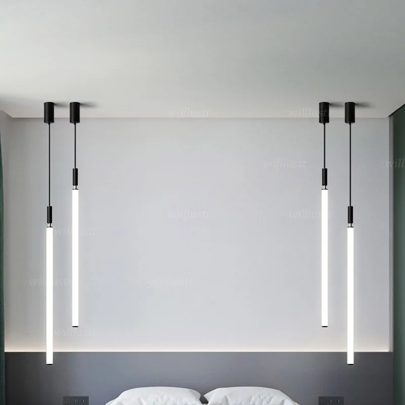 Minimalist LED Tube Pendant Lamp Aluminum Acrylic Suspension Light Hotel Lounge Dining Table Bedside Hanging Ceiling Chandelier