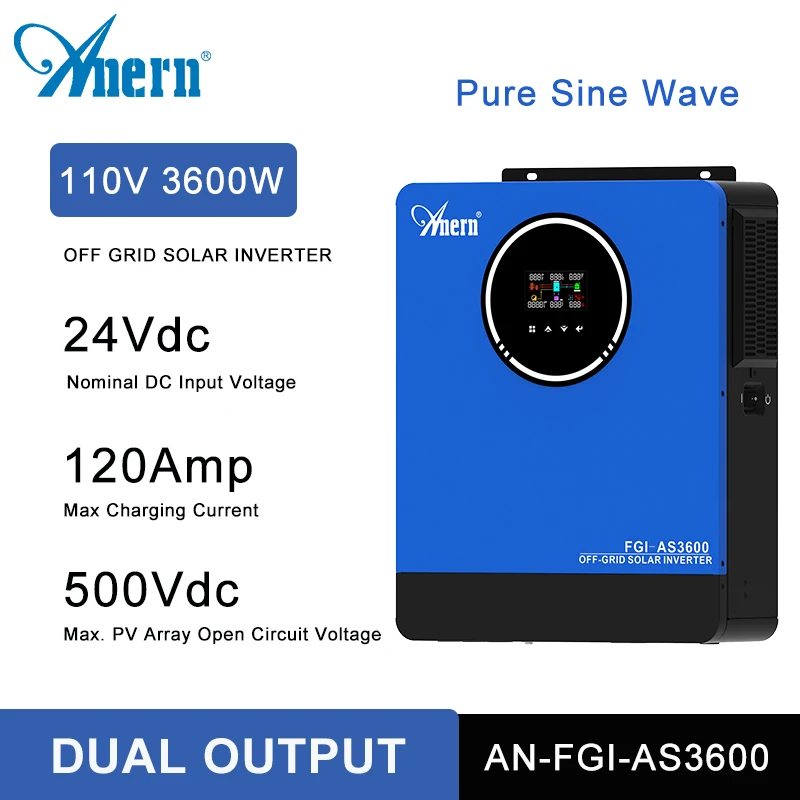 

3600W 24V Hybrid Inverter 110V Dual Output Off Grid Built in 120A MPPT Pure Sine Wave Solar Inverters Max PV 500Vdc
