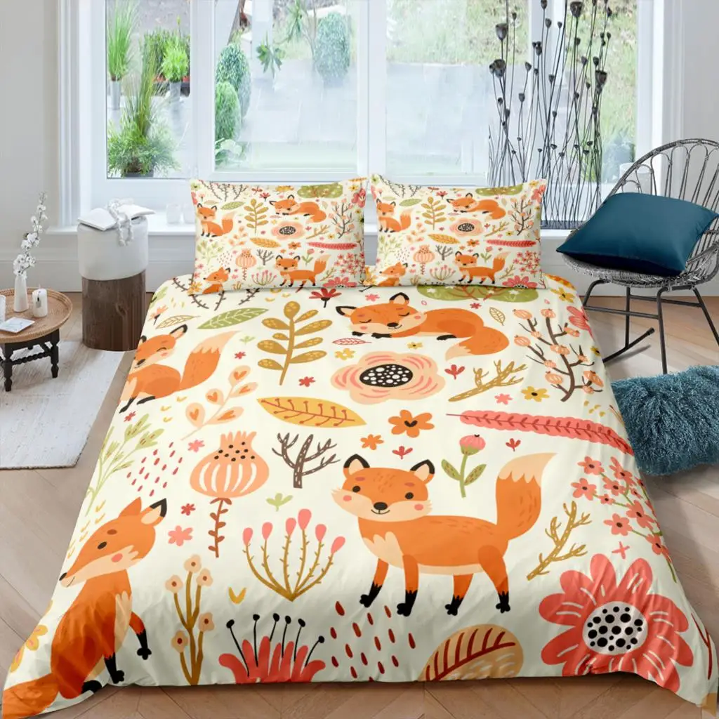 

Cartoon Fox King Queen Duvet Cover Lovely Orange Animal Floral Bedding Set Kids Girls Flowers Plant 2/3pcs Quilt Cover