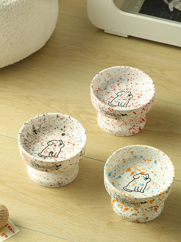 Creative Ceramic Pet Bowl Anti-Flip High-legged  Dog Water Bowl Ink Splashing Design Universal Pet Feeding Bowl