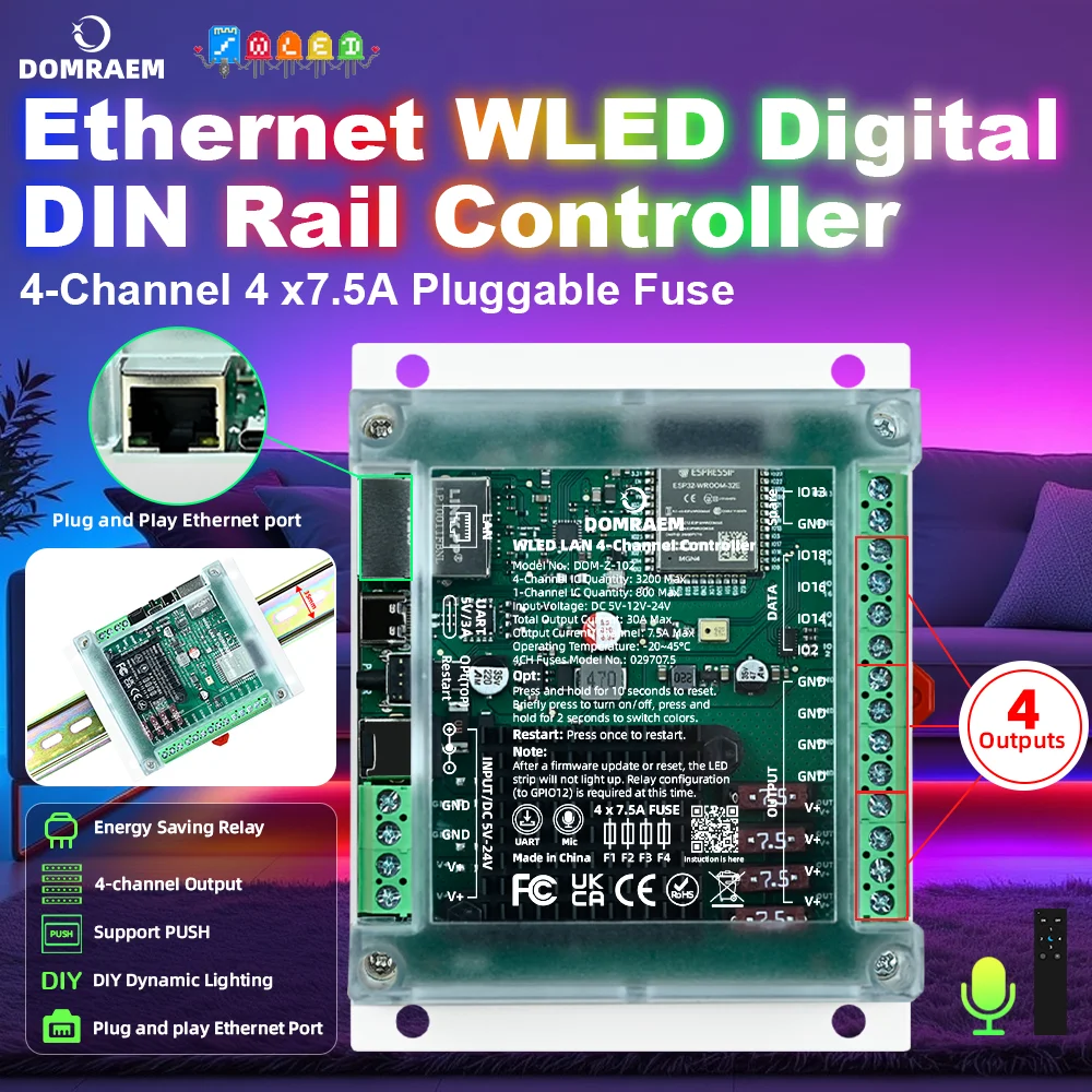 DOMRAEM WLED ESP32 Ethernet Digital LED-Controller 30A 4 Kanäle je 7,5A Steckbare Sicherungen RGBIC Musik-Synchronisation DIN-Schiene Kompatibel mit Home Assistant Alexa Adressierbare LED-Streifen