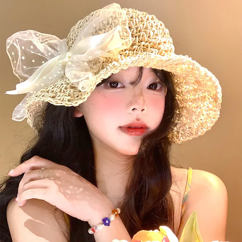 

Bow Lace Straw Hat Female Summer Beach Beach Folding Sunshade Sun Hat