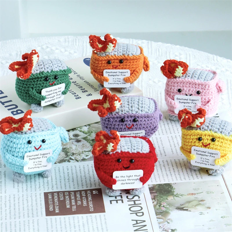 Cute Emotional Support Crochet Dumpster Fire Home Room Decor Funny Dumpster Handmade Knitting Doll Toy Ornament Christmas Gift