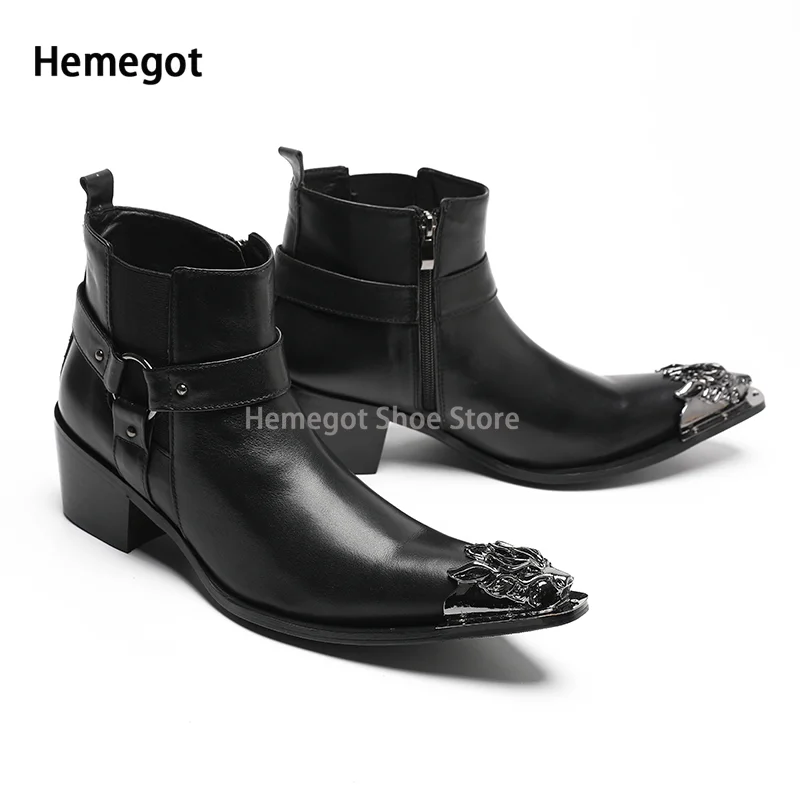 

Metallic Toe Side Zipper Men Boots Dress Shoes Business Formal High-Top Booties Top Quality Business Genuine Leather Ankle Botas