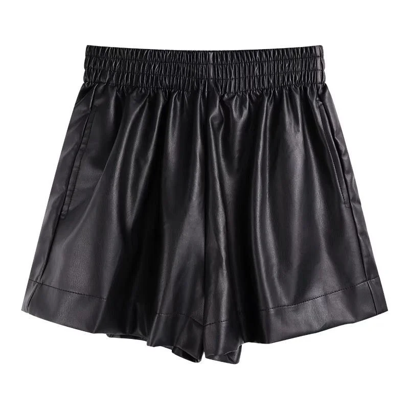 Korean High Waist Thin A-line Leg Shorts Women\'s Casual Loose Pu Leather Pants Clothing Women Pants Summer Shorts