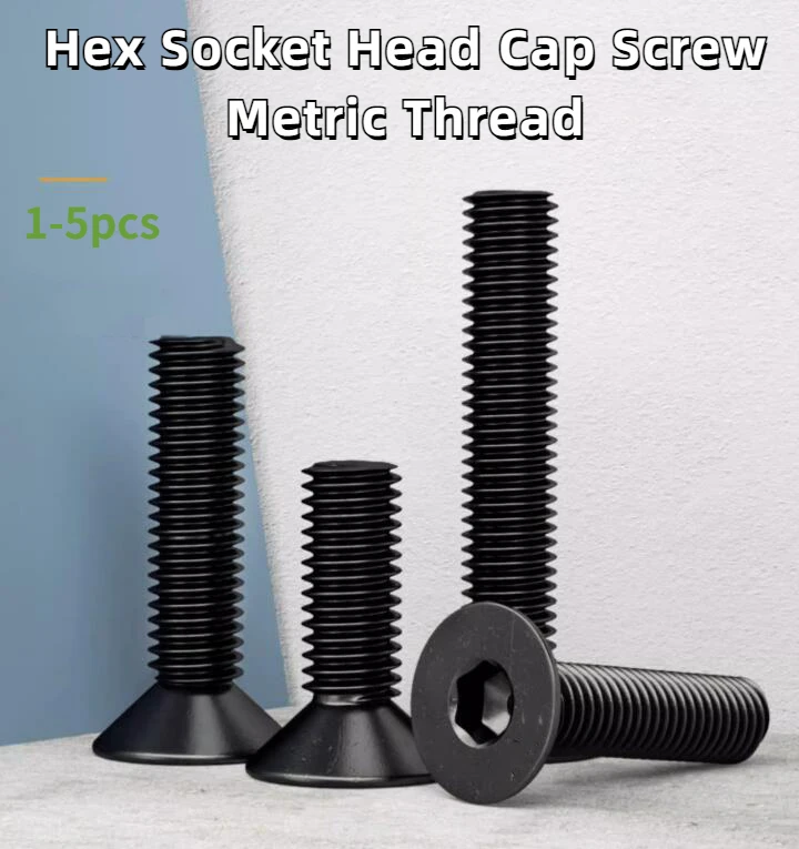 1-5Pcs M10/M12/M14/M16/M20 Black 12.9 Grade Carbon Steel Hex Socket Head Cap Screw Metric Thread Flat Allen Head Machine Bolt