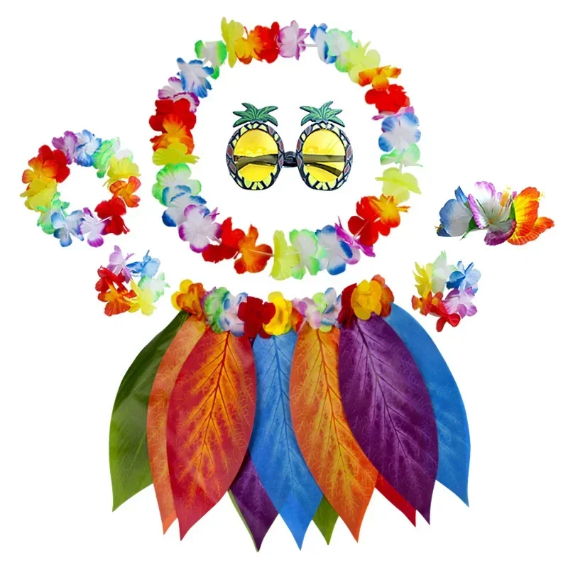 Girls Teens Hawaiian Leis Set Leaf Hula Grass Skirt Artificial Flowers Hula Costume Pineapple Glasses Beach Party Festival