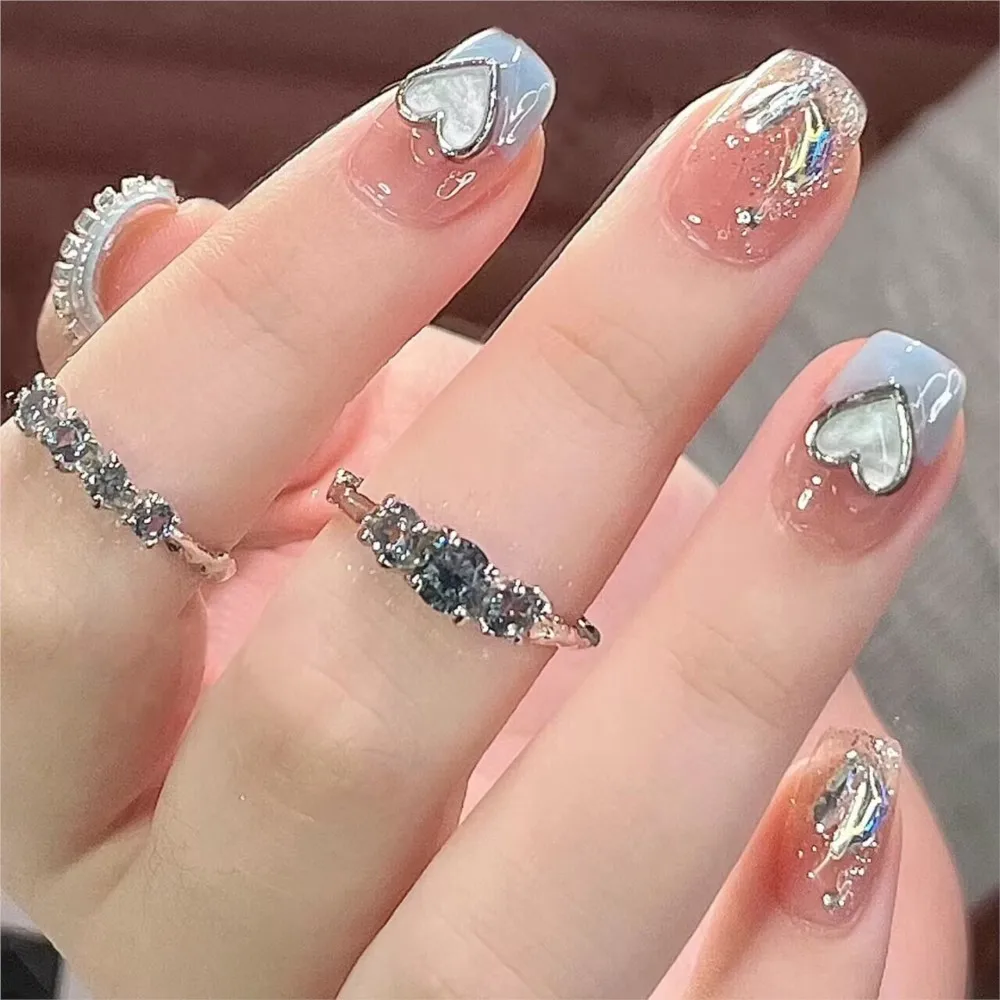 24Pcs French Fake Nails with Alloy Rhinestone Design Short Ballet Press on False Nails Wearable Jelly Stick-ons Fake Nail Tips