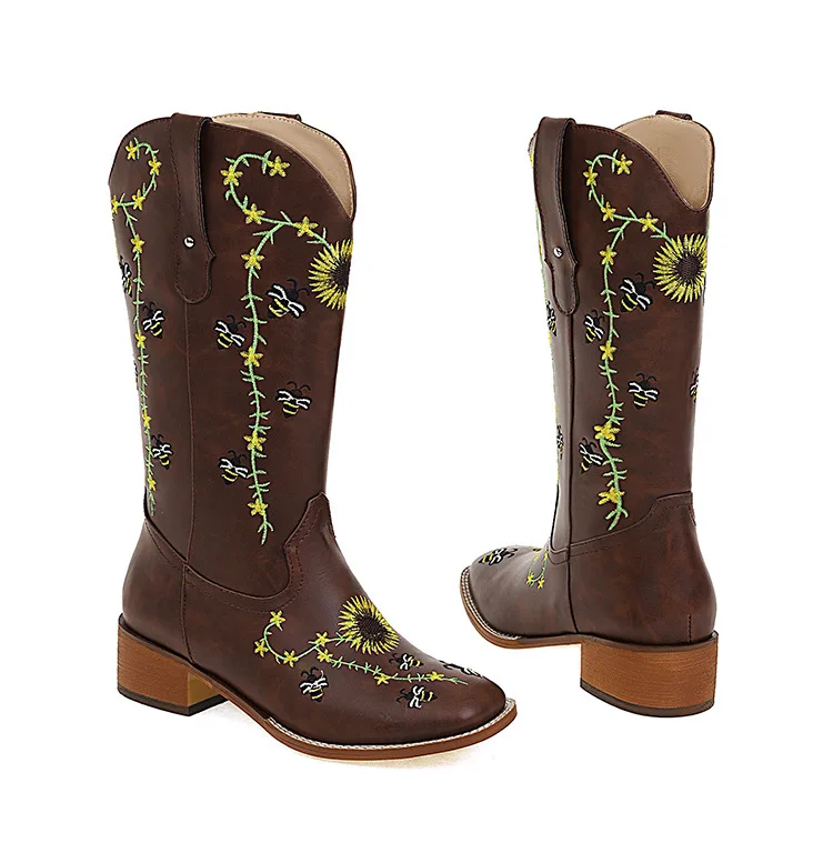 

Embroidered print fashion western cowboy boots Vintage high-top biker botines Large size men's and women's botas femininas