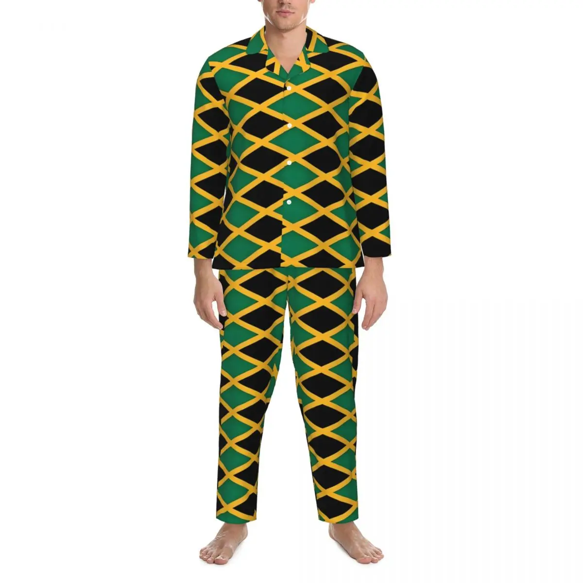 Jamaican Flag Pajama Sets Autumn Yellow And Green Warm Daily Sleepwear Man 2 Pieces Casual Oversize Home Suit Birthday Present