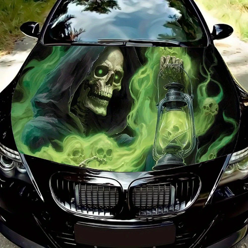 

Dark Green Flame Skull Hood Sticker - Selected High-quality Materials, Sun Protection and Durability, The Grim Reaper Lantern Sh