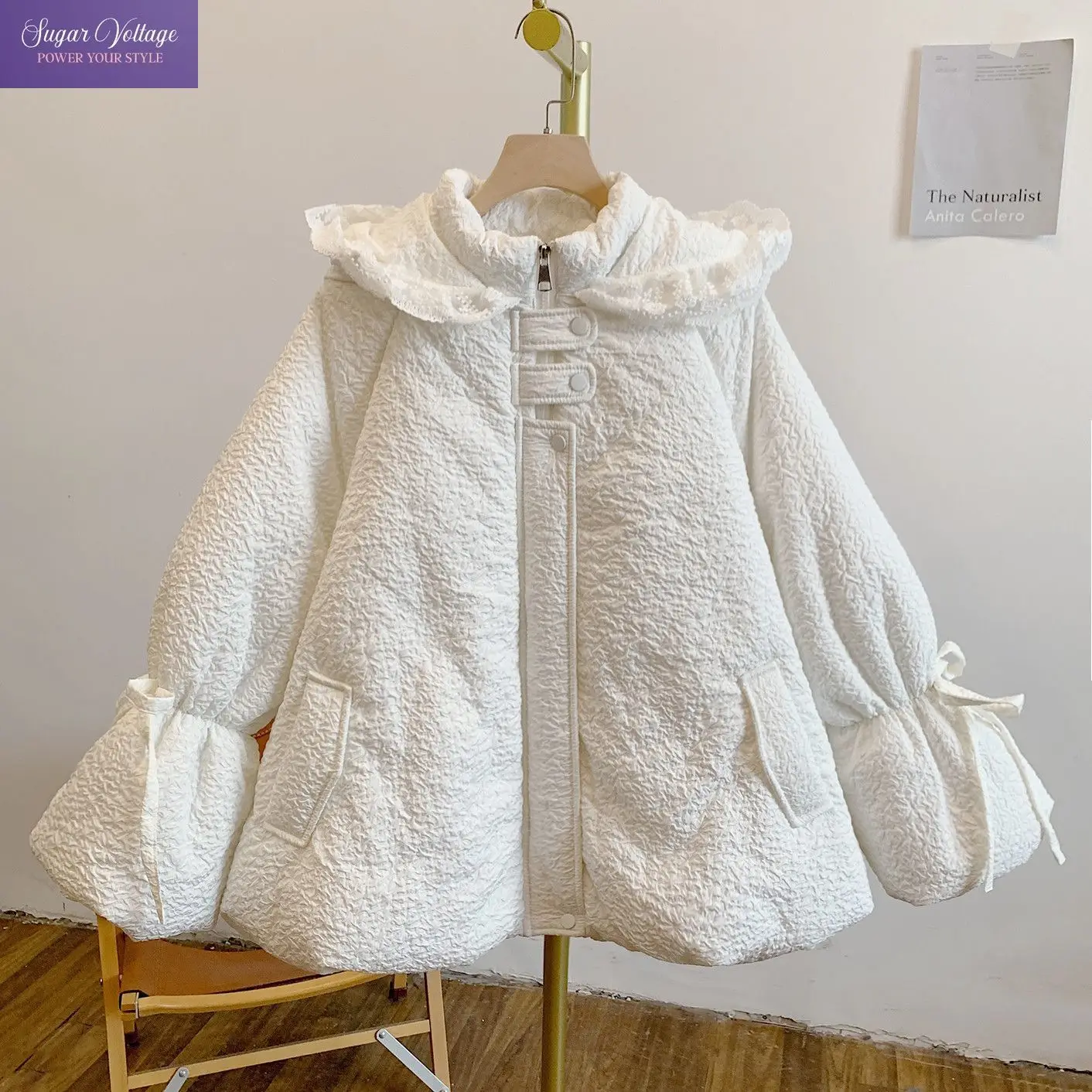 Sweet Coquette Hooded Puffer Parka Women Lace Trim Ruffle Collar Bow Tie Cuff Puff Sleeve Bubble Thick Warm Winter Casual Outfit