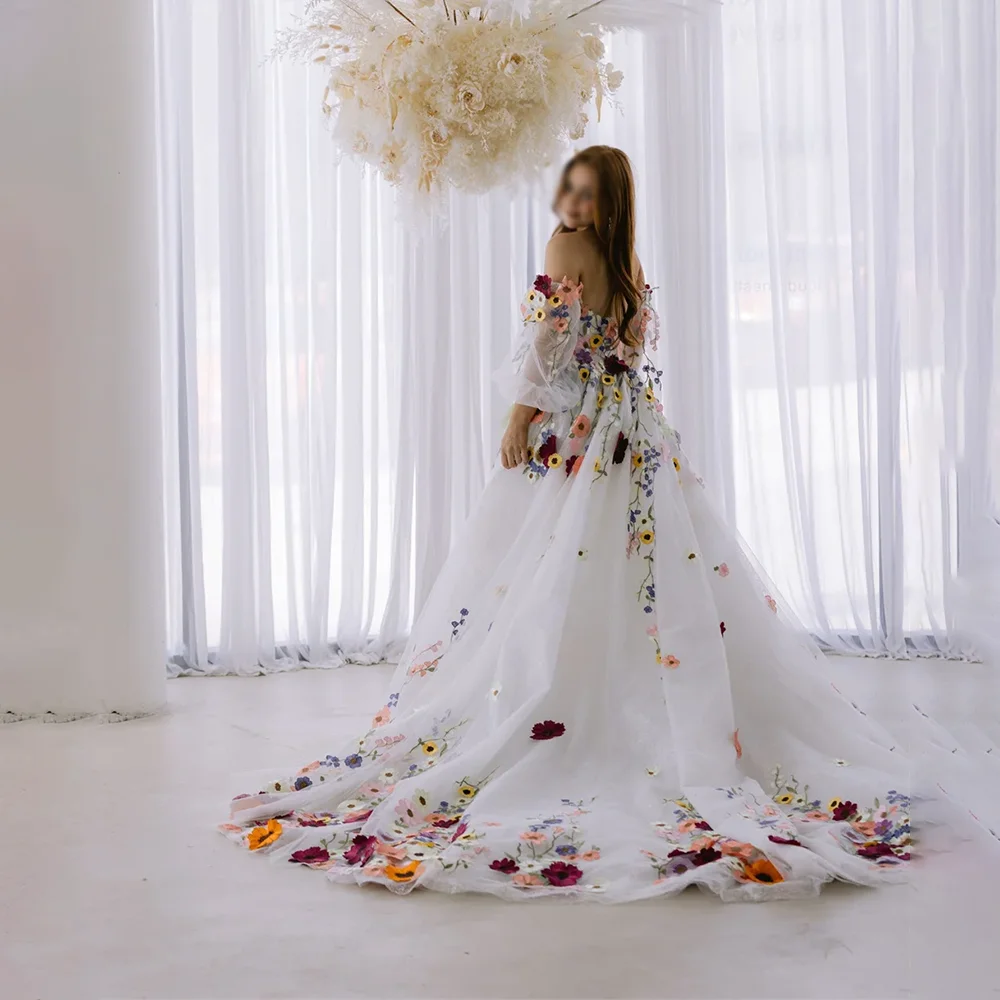 Abiti da sera in tulle con ricamo in pizzo con fiori personalizzati Abiti da ballo per feste a-line Abiti da ballo da sera con spalle scoperte Personalizzati