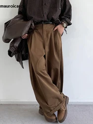 Mauroicardi Spring Autumn Long Coffee Flowy Baggy Wide Leg Pants for Mens Korean Fashion Clothing Loose Casual Soft Trousers