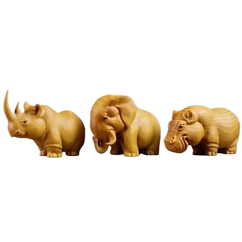New Hand‑Carved Wooden Animal Sculptures Rhino Hippo And Elephant Ornaments Natural Wood Decor For Home And Vehicle Use