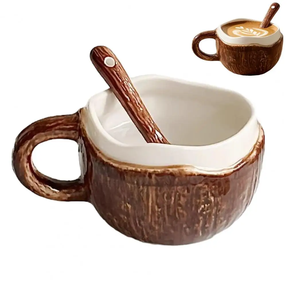 Coconut Shaped Ceramic Mug Retro Brown Coffee Cup Vintage Coconut Ceramic Mug with Spoon Handmade Rustic Coffee Cup for Home