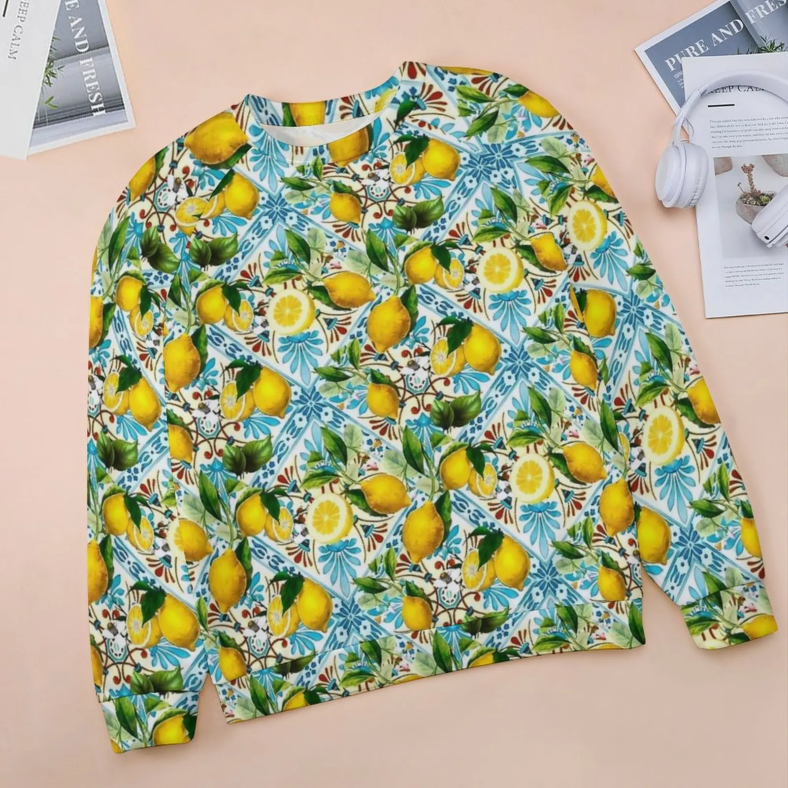 Retro Mosaic Lemon Hoodies Sicilian Tiles Street Fashion Oversized Hoodie Woman Long Sleeve Pretty Pattern Casual Sweatshirts