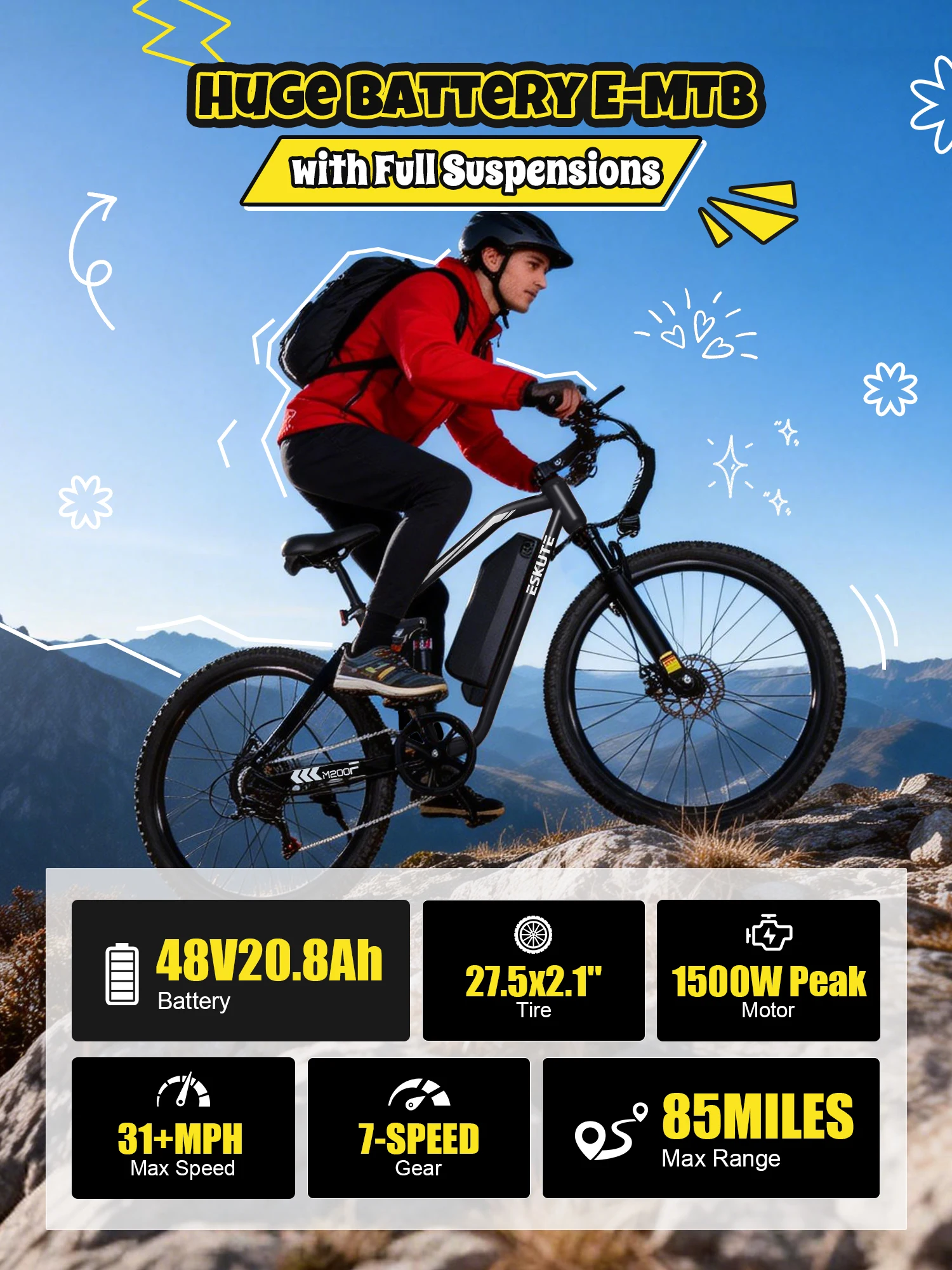ESKUTE M200F Electric Bike for Adults – 27.5 inch Tire Mountain E-Bike,  Brushless Motor, 48V 20.8Ah Removable Battery, Up to 80 Miles, Step Over Commuter E-MTB, Full Suspensions view 7