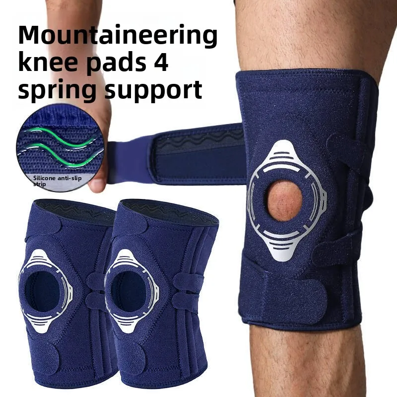 Large Open Strapped Compression Knee Pads with 4 Spring Support Anti Slip Shock Absorbing for Hiking Basketball Training Gear