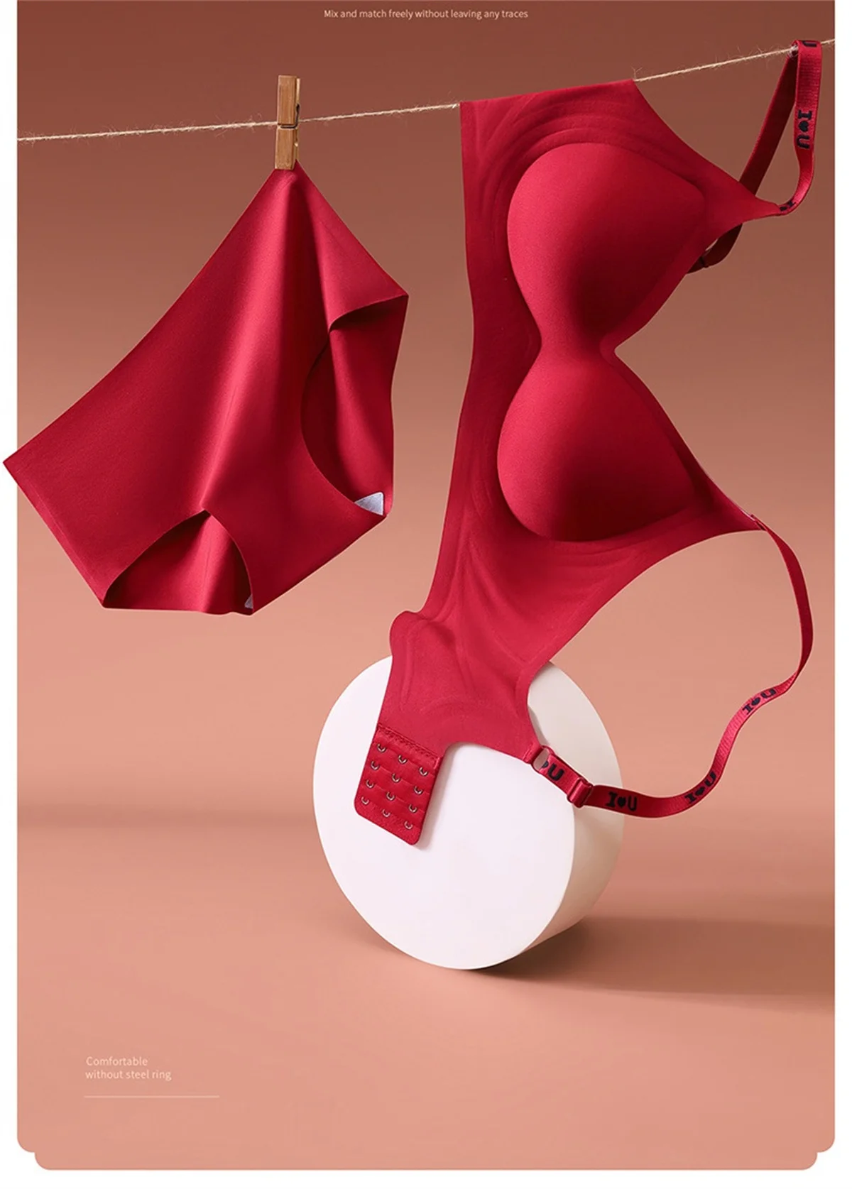 Red underwear panty set for women wedding small breasts close up not empty cup closed pair breast anti-sag bra cover