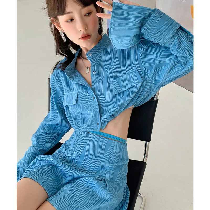 

Spring Women's Clothing Shirt Sexy Hot Girl European and American Blue Slim Blouse with High Waist Texture Skirt Two-piece Set