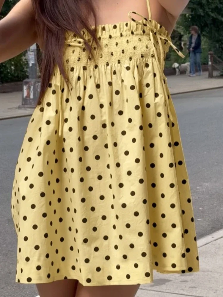 

Fashion Polka Dot Spaghetti Strap Mini Dress Backless Sleeveless Slash Neck Loose Dress Y2k Women's Mini Dress New 2025