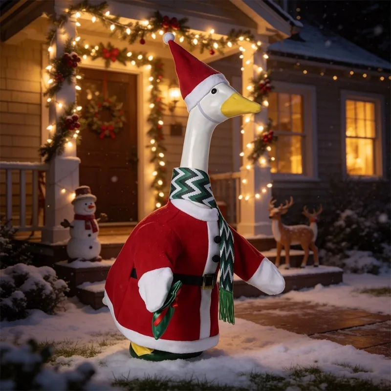Courtyard Holiday Decoration Christmas Porch Goose Set with Hat and Scarf Santa Claus Costume Big White Goose Decoration