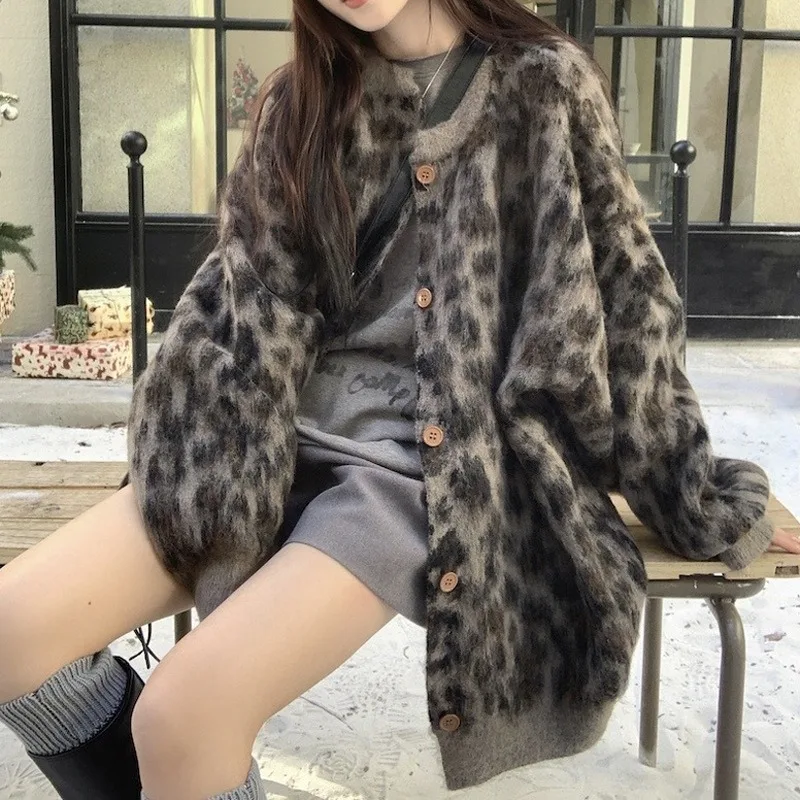 

Модный свободный жаккардовый свитер с леопардовым принтом High Street, женский осенне-зимний утолщенный вязаный кардиган с ленивым ветром