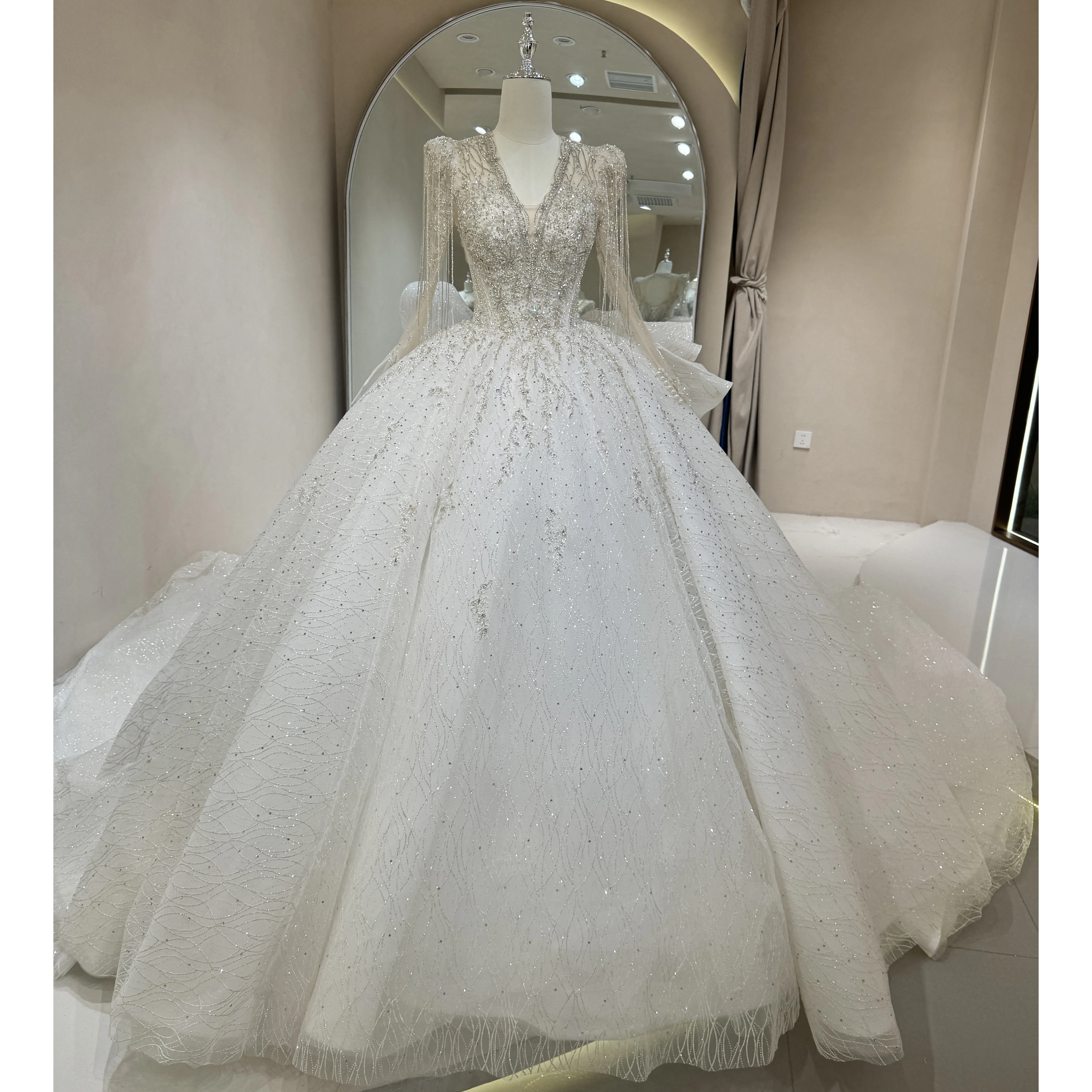 

Customized Exquisite Beaded V Neck Wedding Dress with Bow and Flowing Long Train 2025 Backless Princess Long Sleeve Bridal Gown