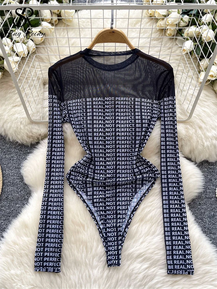 SINGREINY 2024 Sexy Ladies Bodysuits Long Sleeves Transparent Letter Print Chic American Fashion Slim Hotsweet Mesh Playsuits