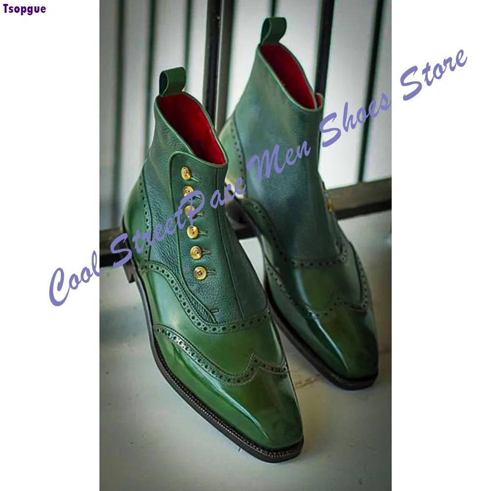Men Green Brogue Ankle Boots Button Genuine Leather Dress Boots Red Inner Vintage British Style Pointed Formal Wedding Shoes